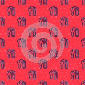 Blue line Hotel door lock key with number tag icon isolated seamless pattern on red background. Vector