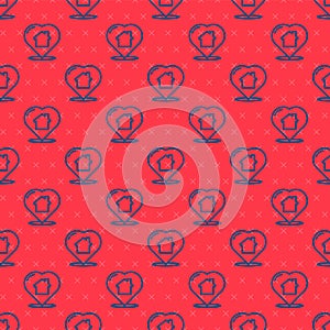 Blue line House with heart shape icon isolated seamless pattern on red background. Love home symbol. Family, real estate