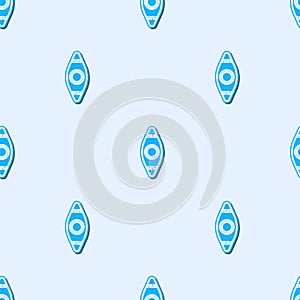 Blue line Kayak and paddle icon isolated seamless pattern on grey background. Kayak and canoe for fishing and tourism