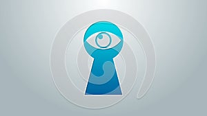 Blue line Keyhole with eye icon isolated on grey background. The eye looks into the keyhole. Keyhole eye hole. 4K Video
