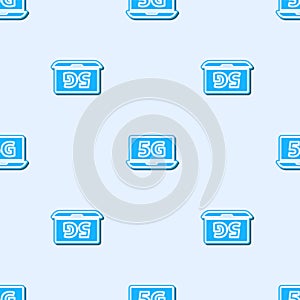 Blue line Laptop with 5G new wireless internet wifi icon isolated seamless pattern on grey background. Global network