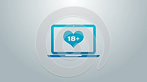 Blue line Laptop computer with 18 plus content heart icon isolated on grey background. Age restriction symbol. 18 plus