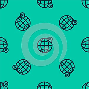 Blue line Location on the globe icon isolated seamless pattern on green background. World or Earth sign. Vector
