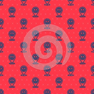 Blue line Location peace icon isolated seamless pattern on red background. Hippie symbol of peace. Vector