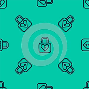 Blue line Lock and heart icon isolated seamless pattern on green background. Locked Heart. Love symbol and keyhole sign