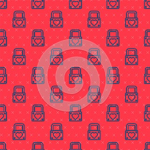 Blue line Lock and heart icon isolated seamless pattern on red background. Locked Heart. Love symbol and keyhole sign