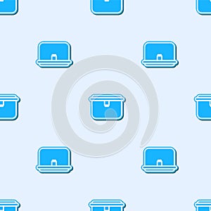Blue line Lunch box icon isolated seamless pattern on grey background. Vector Illustration