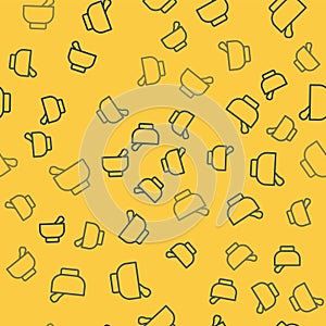 Blue line Magic mortar and pestle icon isolated seamless pattern on yellow background. Vector Illustration.