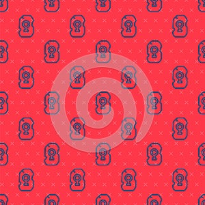 Blue line Magic rune icon isolated seamless pattern on red background. Rune stone. Vector