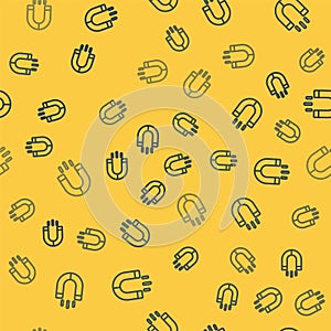 Blue line Magnet icon isolated seamless pattern on yellow background. Horseshoe magnet, magnetism, magnetize, attraction