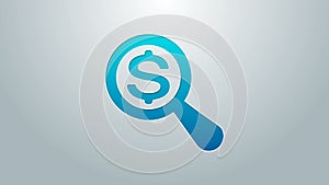 Blue line Magnifying glass and dollar icon isolated on grey background. Find money. Looking for money. 4K Video motion