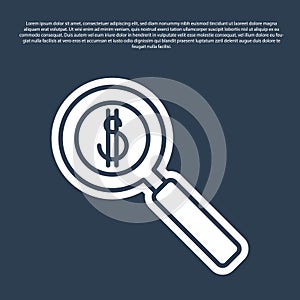 Blue line Magnifying glass and dollar symbol icon isolated on blue background. Find money. Looking for money. Vector