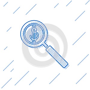 Blue line Magnifying glass and dollar symbol icon isolated on white background. Find money. Looking for money. Vector