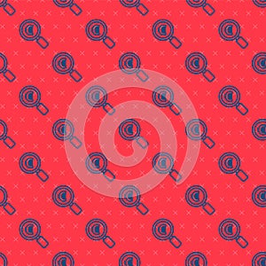 Blue line Magnifying glass and euro symbol icon isolated seamless pattern on red background. Find money. Looking for