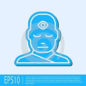 Blue line Man with third eye icon isolated on grey background. The concept of meditation, vision of energy, aura. Vector