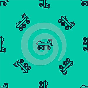 Blue line Mars rover icon isolated seamless pattern on green background. Space rover. Moonwalker sign. Apparatus for