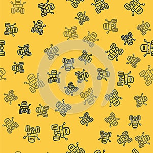 Blue line Mars rover icon isolated seamless pattern on yellow background. Space rover. Moonwalker sign. Apparatus for