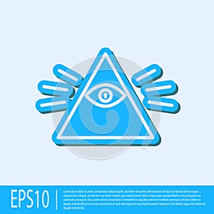 Blue line Masons symbol All-seeing eye of God icon isolated on grey background. The eye of Providence in the triangle