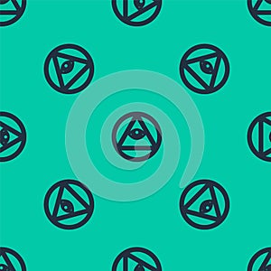 Blue line Masons symbol All-seeing eye of God icon isolated seamless pattern on green background. The eye of Providence