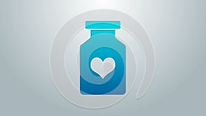 Blue line Medicine bottle with pills for potency, aphrodisiac icon isolated on grey background. Sex pills for men and