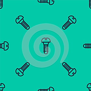 Blue line Metallic screw icon isolated seamless pattern on green background. Vector