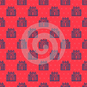 Blue line Milan Cathedral or Duomo di Milano icon isolated seamless pattern on red background. Famous landmark of Milan, Italy.