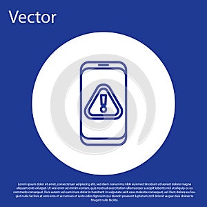 Blue line Mobile phone with exclamation mark icon isolated on blue background. Alert message smartphone notification photo