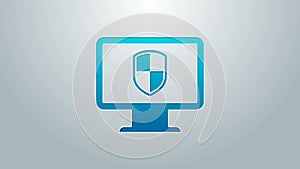 Blue line Monitor and shield icon isolated on grey background. Computer security, firewall technology, internet privacy