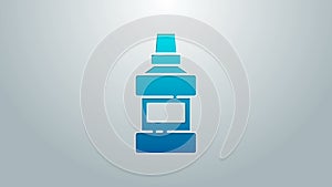 Blue line Mouthwash plastic bottle and glass icon isolated on grey background. Liquid for rinsing mouth. Oralcare