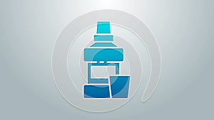 Blue line Mouthwash plastic bottle and glass icon isolated on grey background. Liquid for rinsing mouth. Oralcare