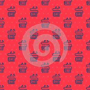 Blue line Museum audio guide icon isolated seamless pattern on red background. Headphones for excursions. Vector