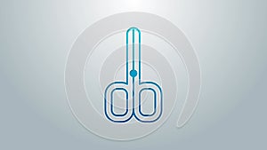 Blue line Nail scissors icon isolated on grey background. Manicure and pedicure scissors. 4K Video motion graphic
