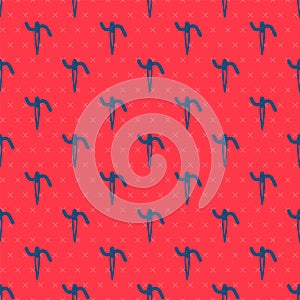 Blue line Needle for sewing with thread icon isolated seamless pattern on red background. Tailor symbol. Textile sew up