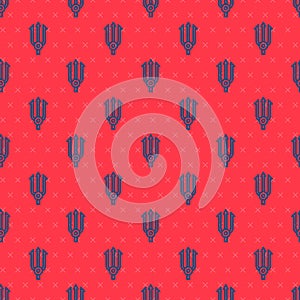 Blue line Neptune Trident icon isolated seamless pattern on red background. Vector