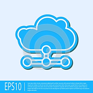 Blue line Network cloud connection icon isolated on grey background. Social technology. Cloud computing concept. Vector