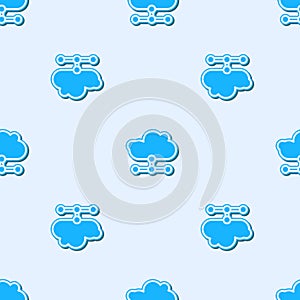 Blue line Network cloud connection icon isolated seamless pattern on grey background. Social technology. Cloud computing