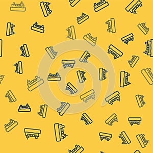 Blue line Oil tanker ship icon isolated seamless pattern on yellow background. Vector