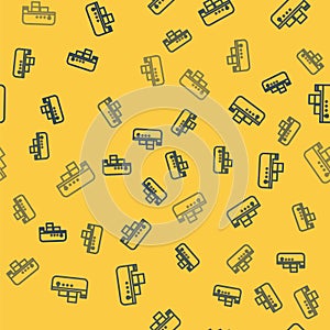 Blue line Oil tanker ship icon isolated seamless pattern on yellow background. Vector Illustration