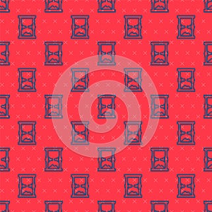 Blue line Old hourglass with flowing sand icon isolated seamless pattern on red background. Sand clock sign. Business and time