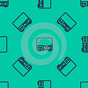 Blue line Old video cassette player icon isolated seamless pattern on green background. Old beautiful retro hipster