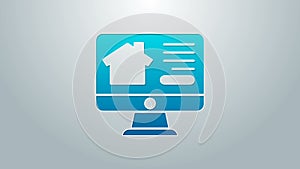 Blue line Online real estate house on monitor icon isolated on grey background. Home loan concept, rent, buy, buying a