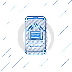 Blue line Online real estate house on smartphone icon isolated on white background. Home loan concept, rent, buy, buying