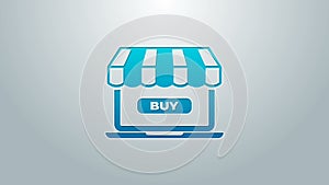 Blue line Online shopping concept. Buy on screen laptop icon isolated on grey background. Concept e-commerce, online