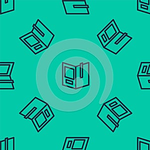 Blue line Open book icon isolated seamless pattern on green background. Vector Illustration
