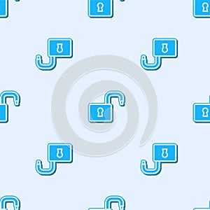 Blue line Open padlock icon isolated seamless pattern on grey background. Opened lock sign. Cyber security concept