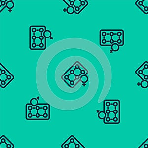 Blue line Packaging of birth control pills icon isolated seamless pattern on green background. Contraceptive pill