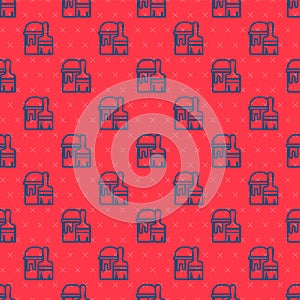 Blue line Paint bucket with brush icon isolated seamless pattern on red background. Vector