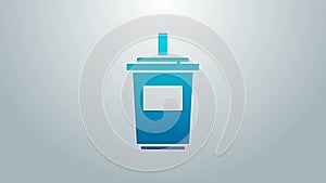 Blue line Paper glass with drinking straw and water icon isolated on grey background. Soda drink glass. Fresh cold