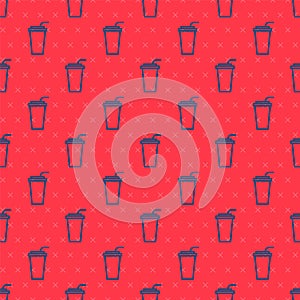 Blue line Paper glass with drinking straw and water icon isolated seamless pattern on red background. Soda drink glass