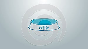 Blue line Pet food bowl for cat or dog icon isolated on grey background. Fish skeleton sign. 4K Video motion graphic